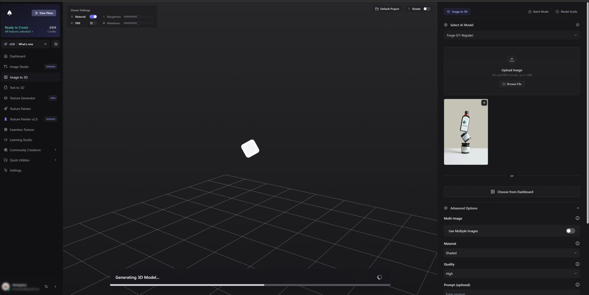 3D model generation interface with floating cube.