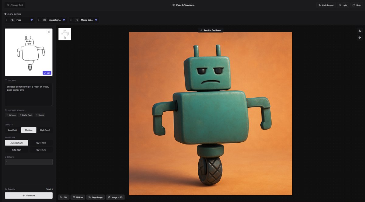 Sketch to Image in 3DAISTUDIO: Stylized cartoon robot on a single wheel.