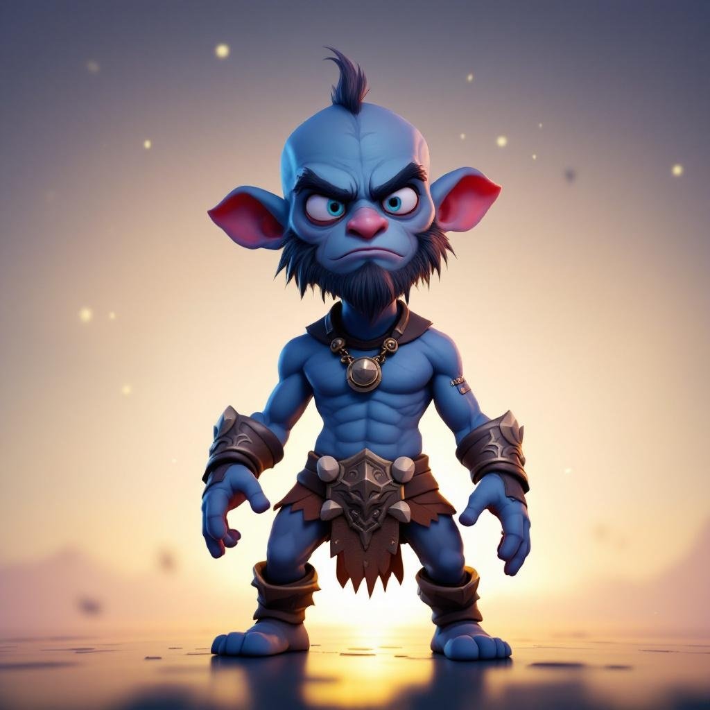 Blue goblin warrior character in fantasy armor.