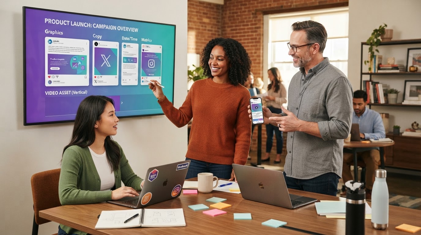 A small marketing team reviewing LinkedIn, X and Instagram post mockups and a vertical scroll video on a phone