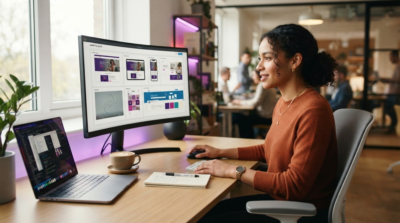 A founder at a desk reviewing a grid of desktop, tablet, mobile and social assets generated from one website
