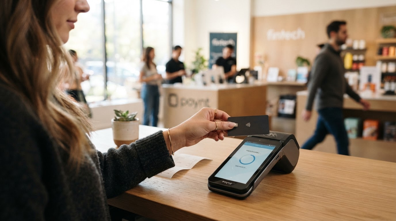 Person tapping a payment card at a point-of-sale terminal