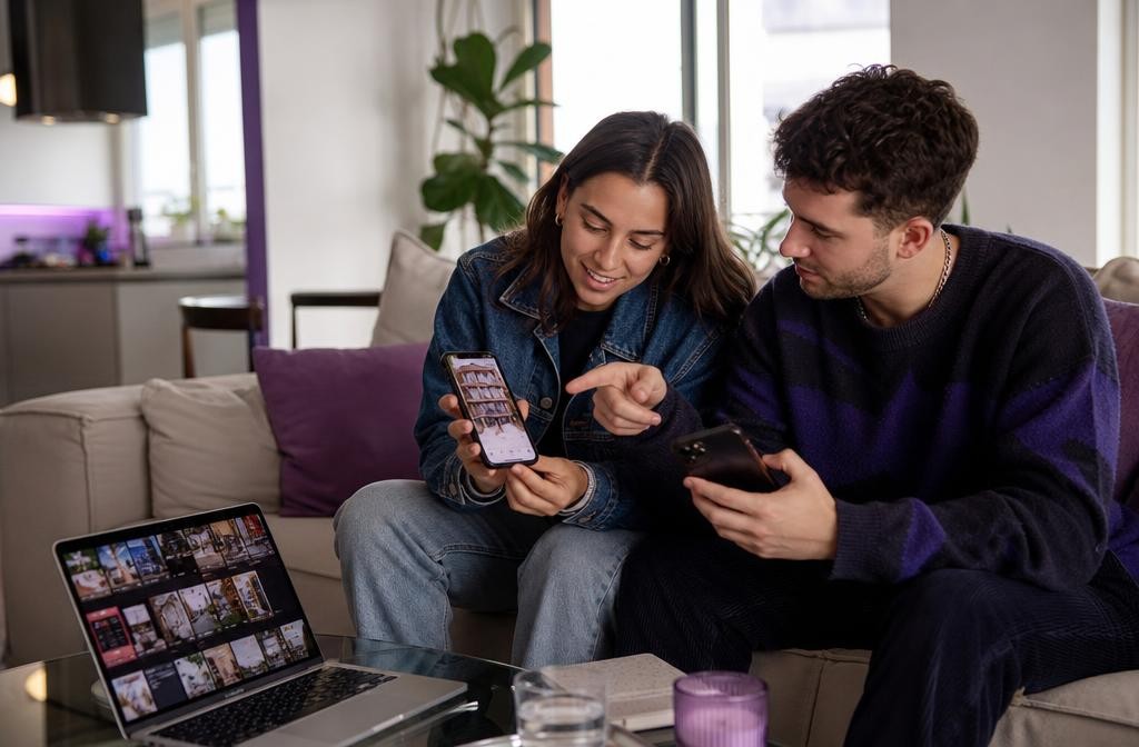 Two creators on a couch comparing vertical clips on their phones, a laptop full of short clips on the table