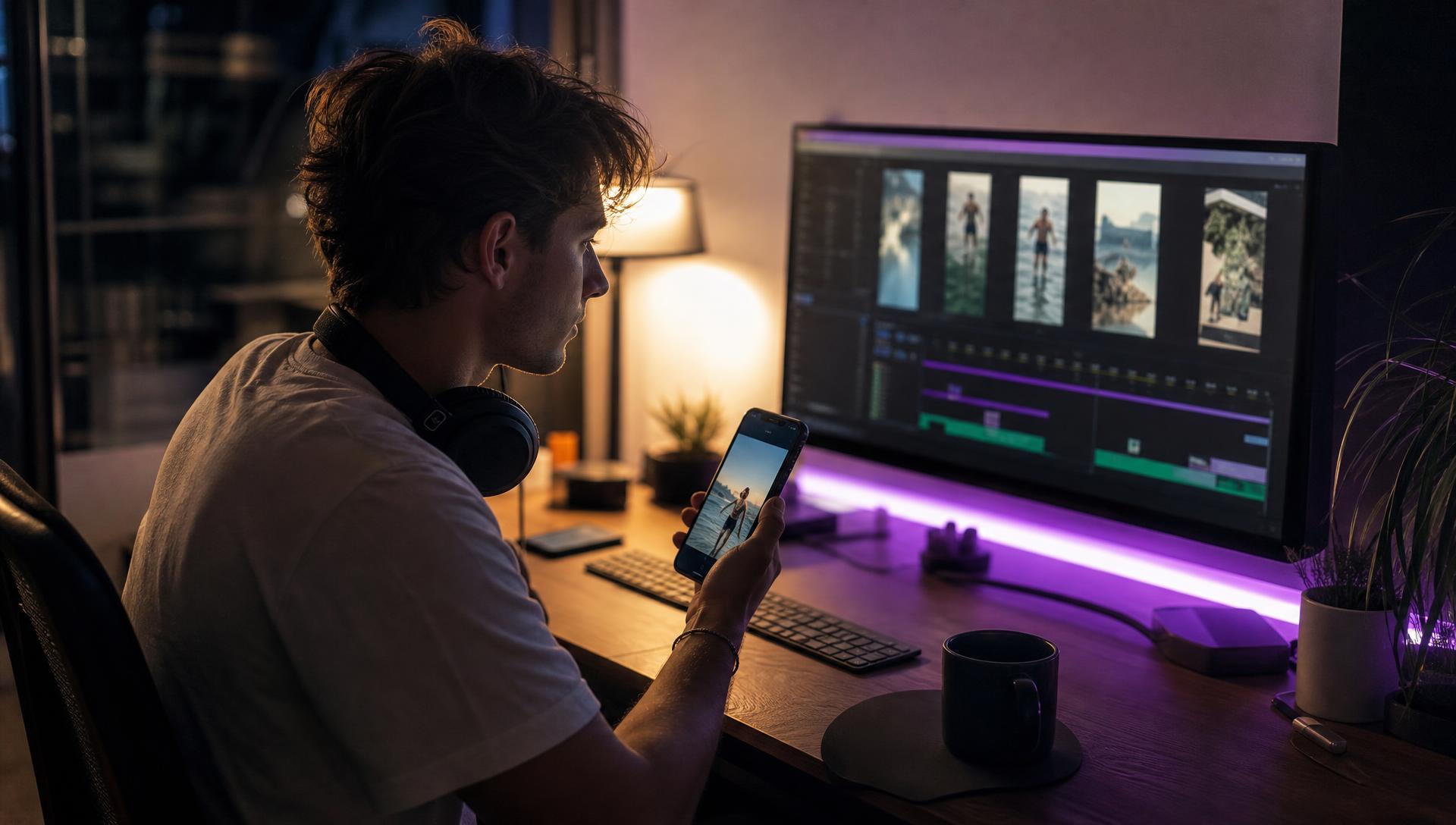 A clipper at a desk lit in violet, previewing a vertical clip on a phone with a timeline of short clips on the monitor
