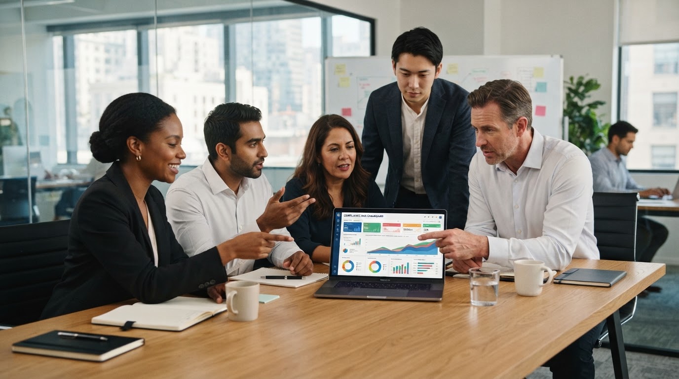 Team reviewing compliance and risk data on a laptop