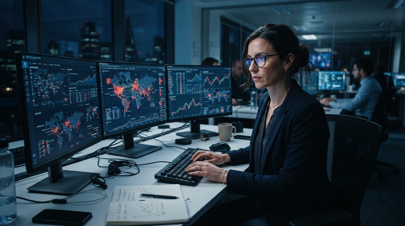 Financial intelligence analyst monitoring data dashboards and world maps