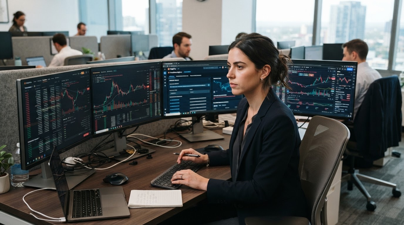 Compliance analyst monitoring cryptocurrency exchange transaction data