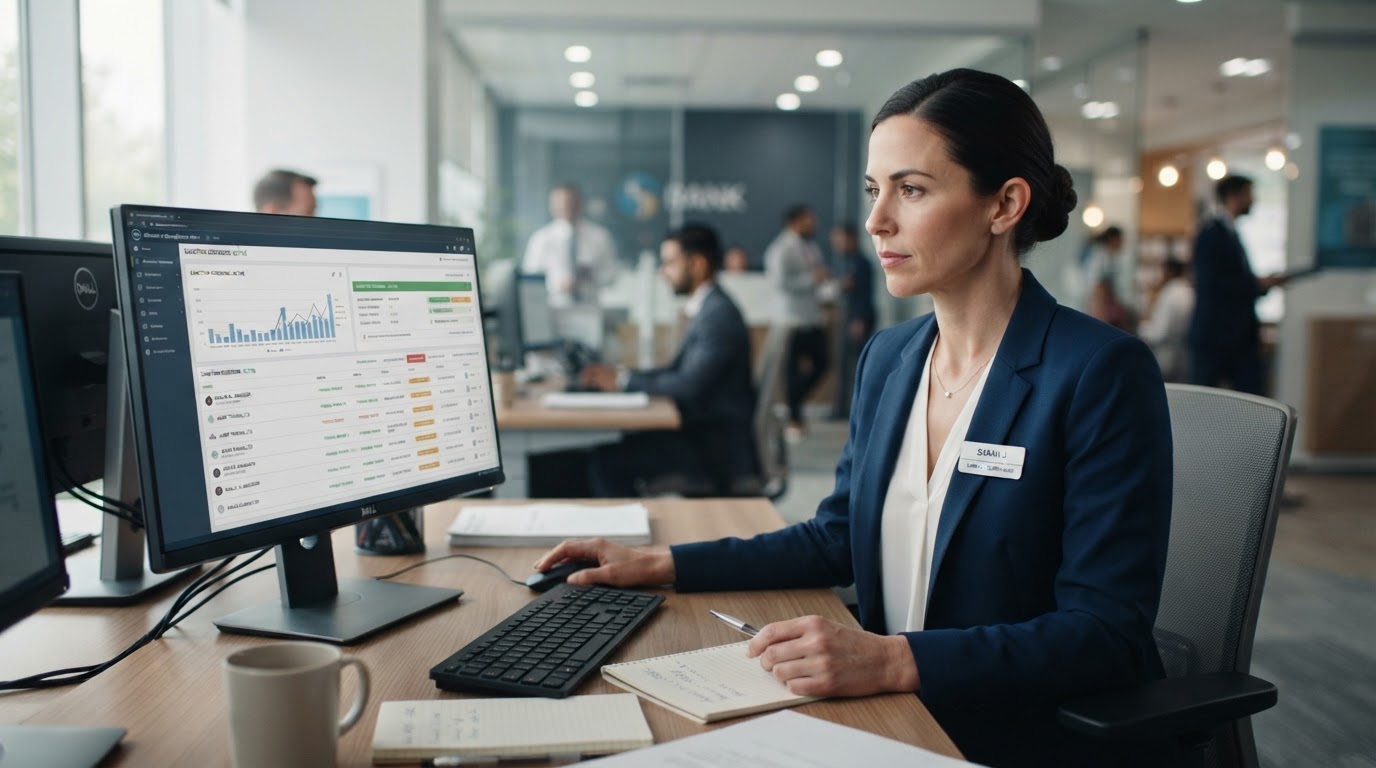 Bank compliance officer reviewing sanctions screening software at her desk