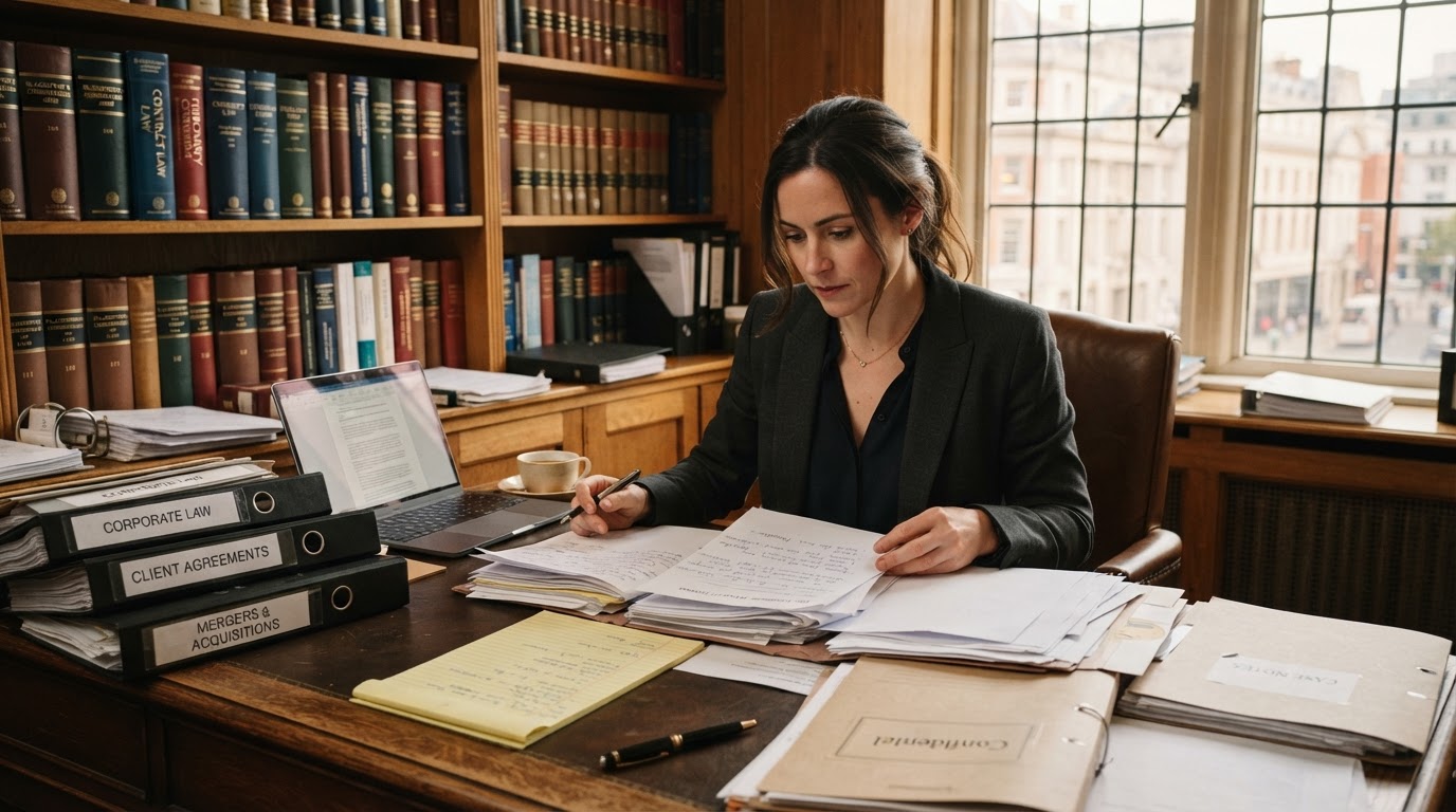 Attorney reviewing AML due diligence documents in a law firm office