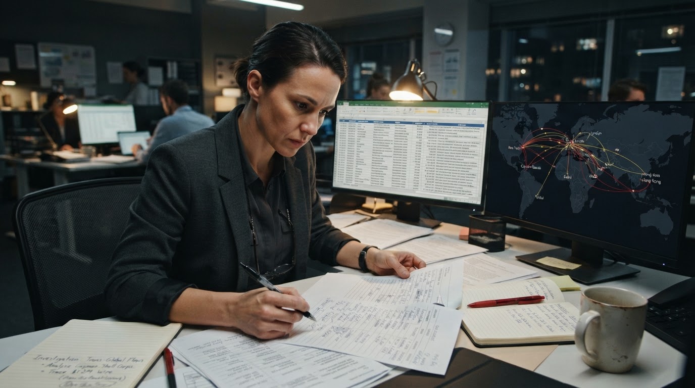 Financial crime investigator analyzing wire transfer records and cross-border money flows